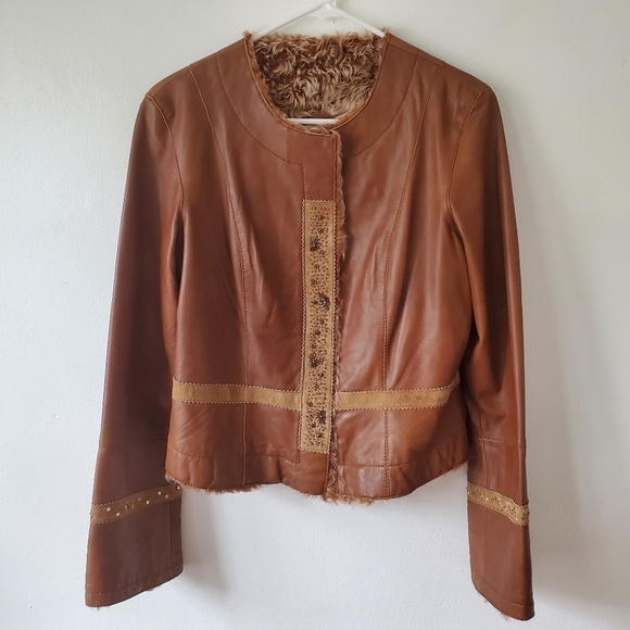 Vtg Y2K Cache Lamb Leather Fur Trim Sueded Gemstone Jacket Size Medium - Picture 1 of 16